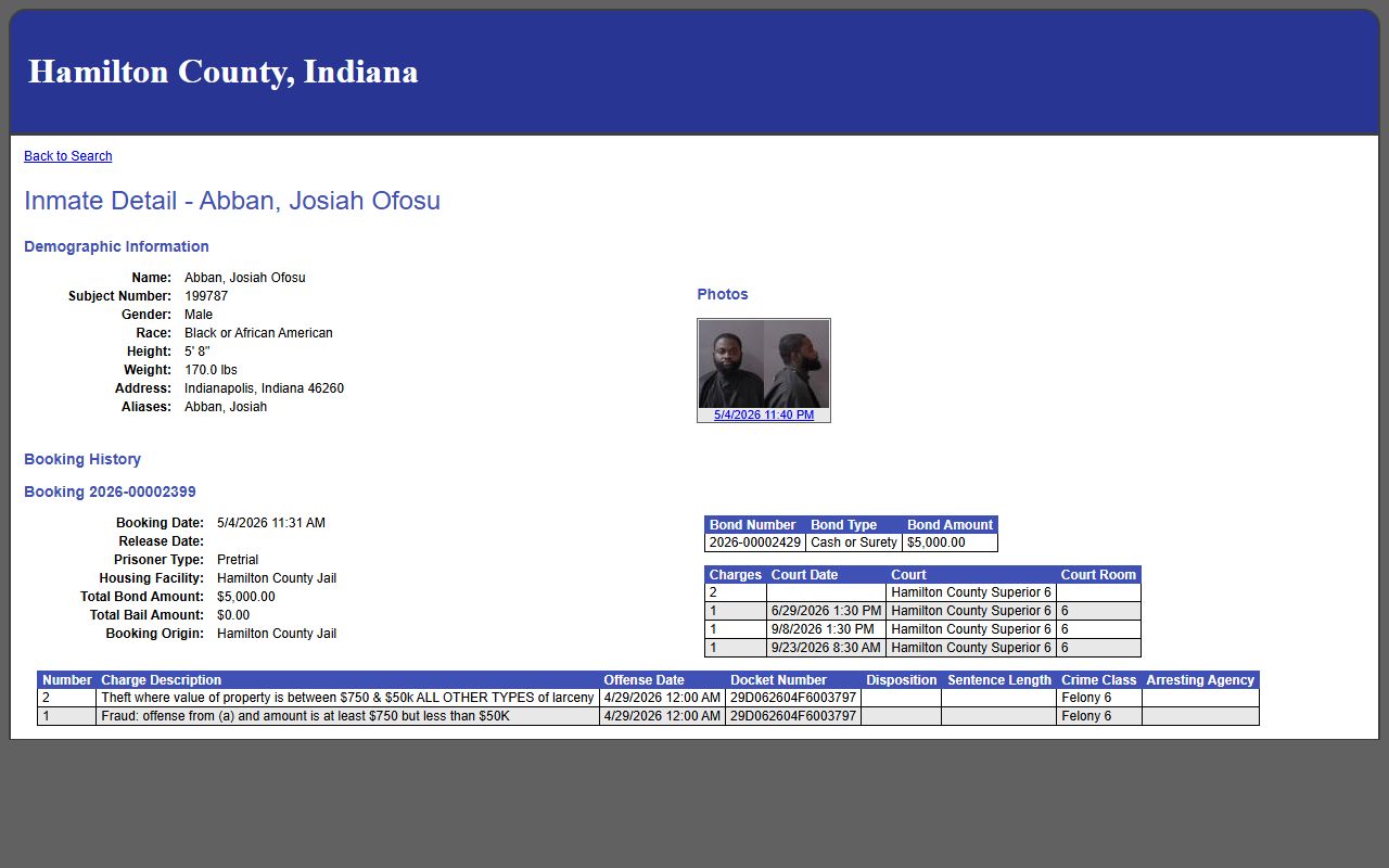 Hamilton County arrest records sample inmate charge detail